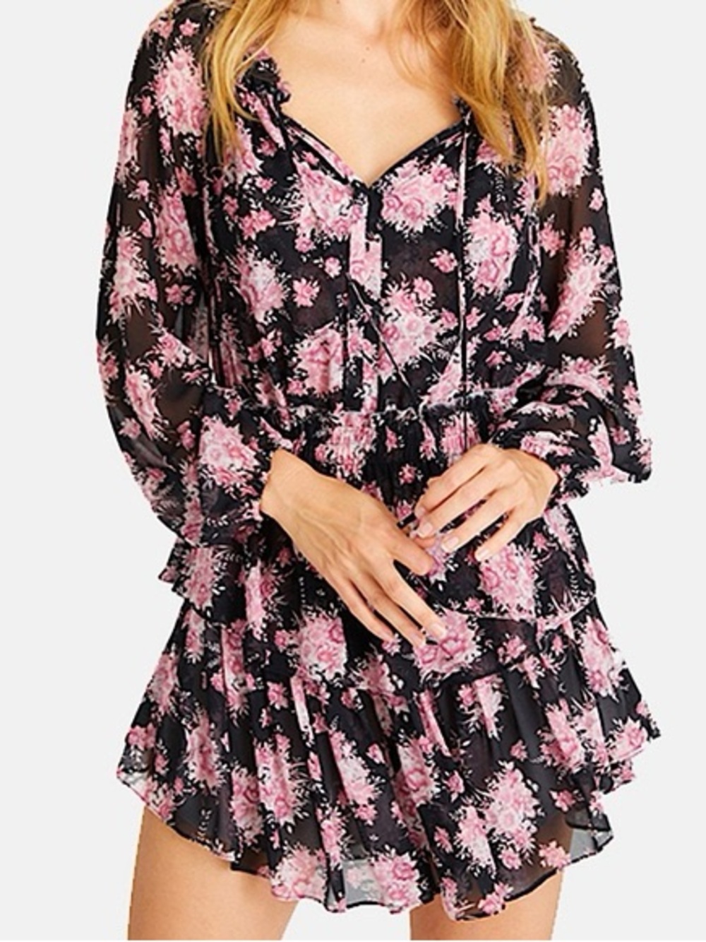LoveShackFancy Black and Pink Floral popover Mini Dress